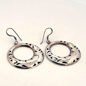 925 Silver Dangling Circles Round Hollow Puffy Cut Out Carved Discs earrings